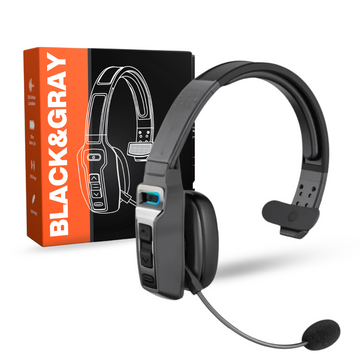 Black and gray headset, mono headset with a Black & Gray branded box on a white background