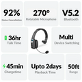 Blackandgray headset specifications: 92% Noise cancellation, 270 degree microphone, Version 5.2 bluetooth, 36hr talktime, 2 device connectivity, 45 minute chargetime, 2days playback time, 50ft range